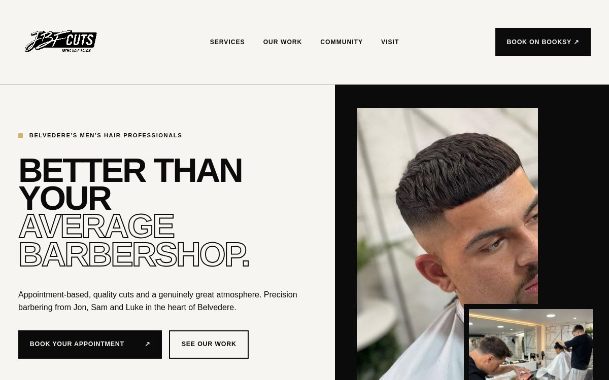 JBF Cuts website homepage showing the barbershop branding and real haircut photography