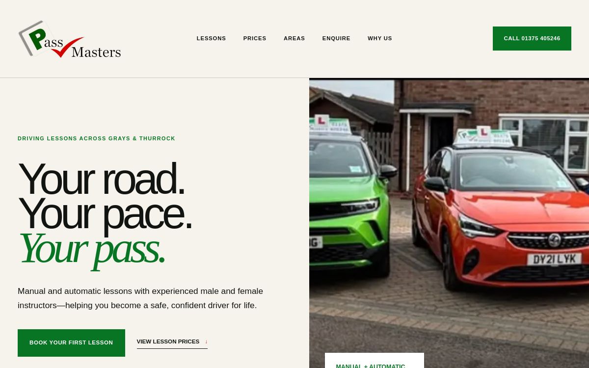 PassMasters website homepage showing the driving school branding and real learner cars